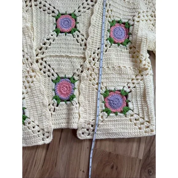 Maeve Cream Crochet Cardigan with Pink Rose Appliqués - Picture 9 of 10